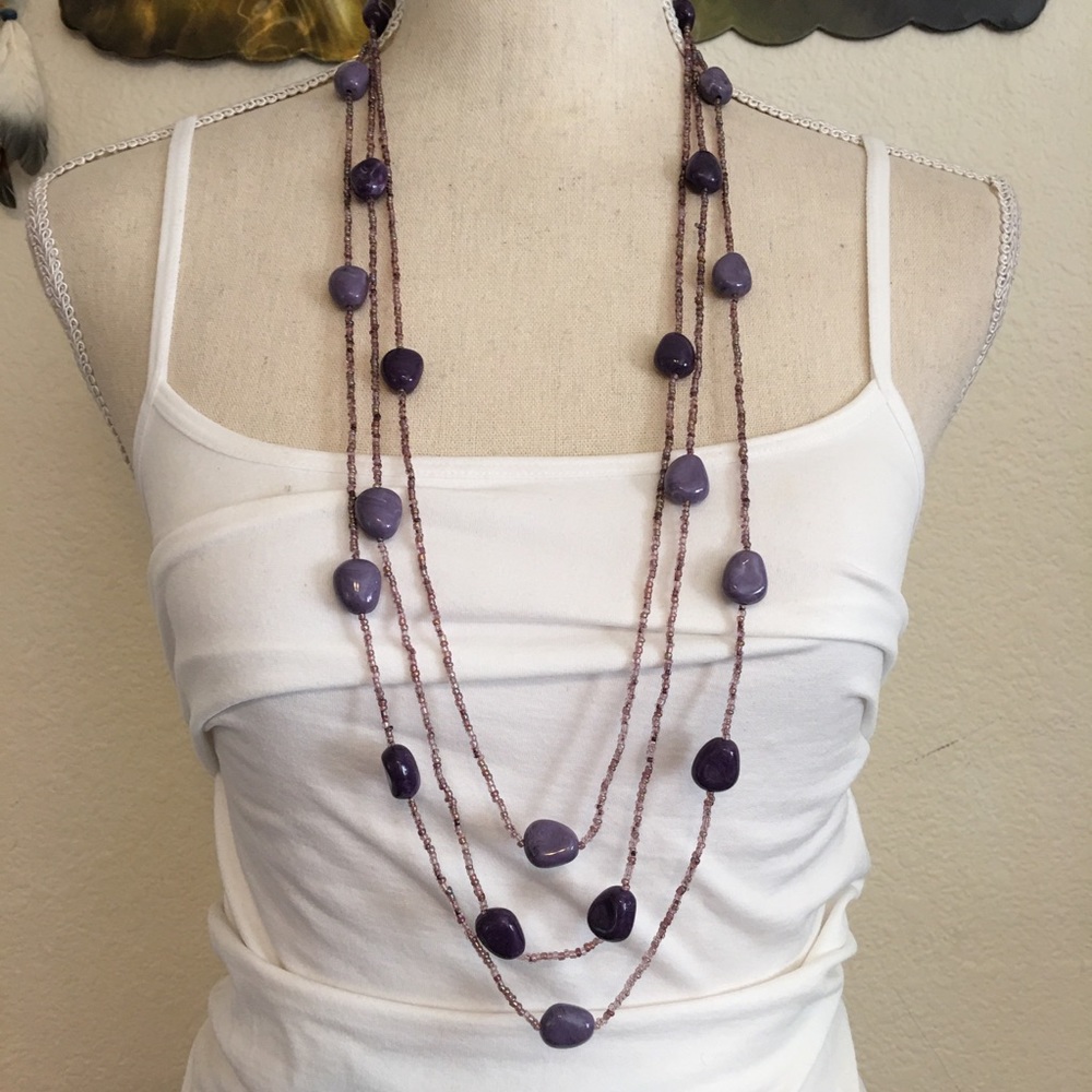 Purple tone glass bead long layered necklace